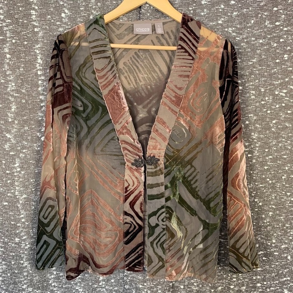 Chico's Burnout Velvet Semi Sheer Cardigan Brown/Green Boho Whimsy Women's 1